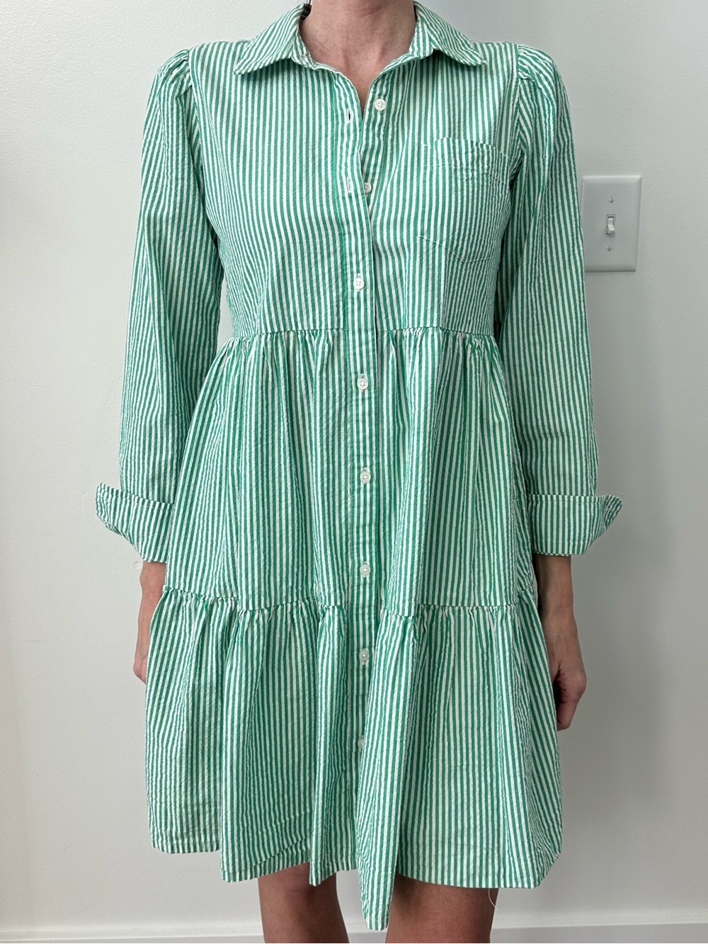 crown & ivy kelly Green and White Striped Tiered Button Shirt Dress